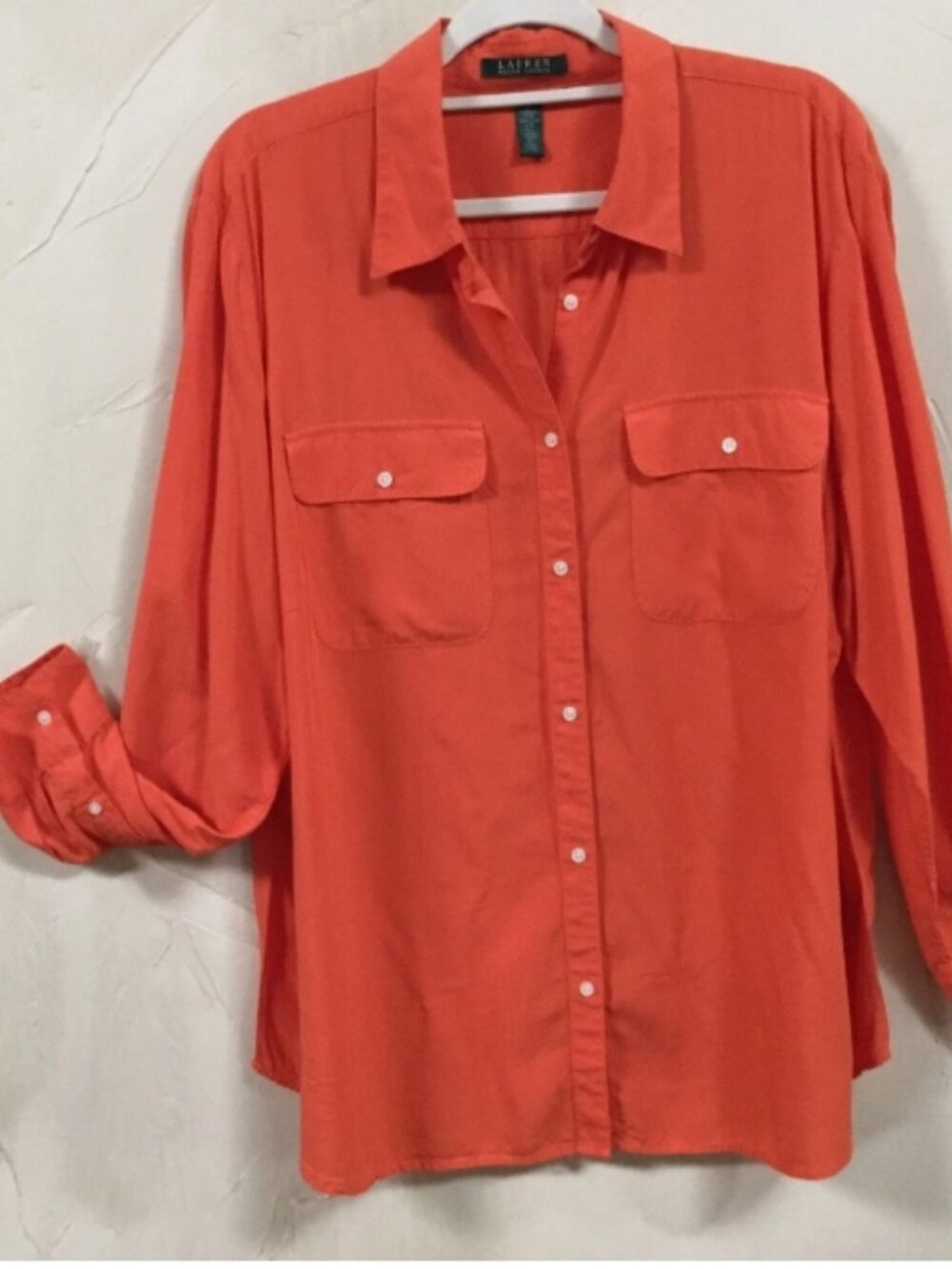 Lauren Ralph Lauren Women Plus Size 2X Blouse Button Front Orange Pockets - Picture 2 of 7